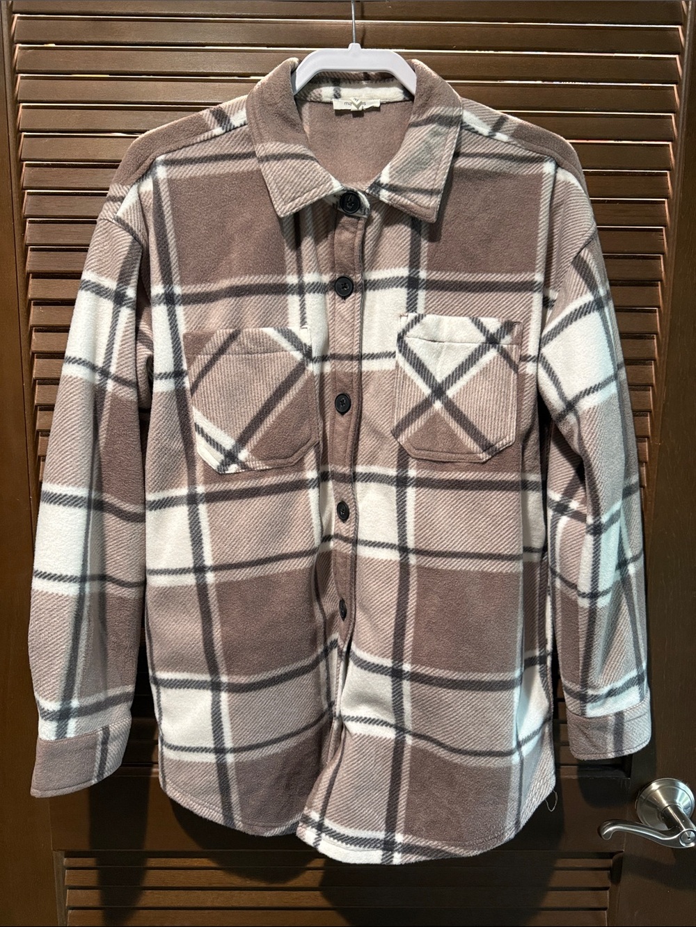 Plaid Button-Up Shacket in Taupe and Cream